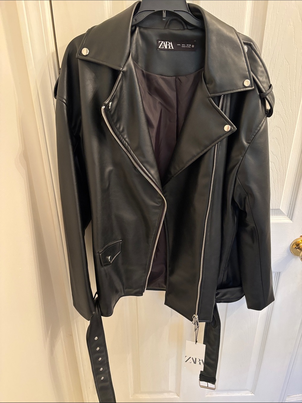 Zara Black Faux Leather Biker Jacket with Belt